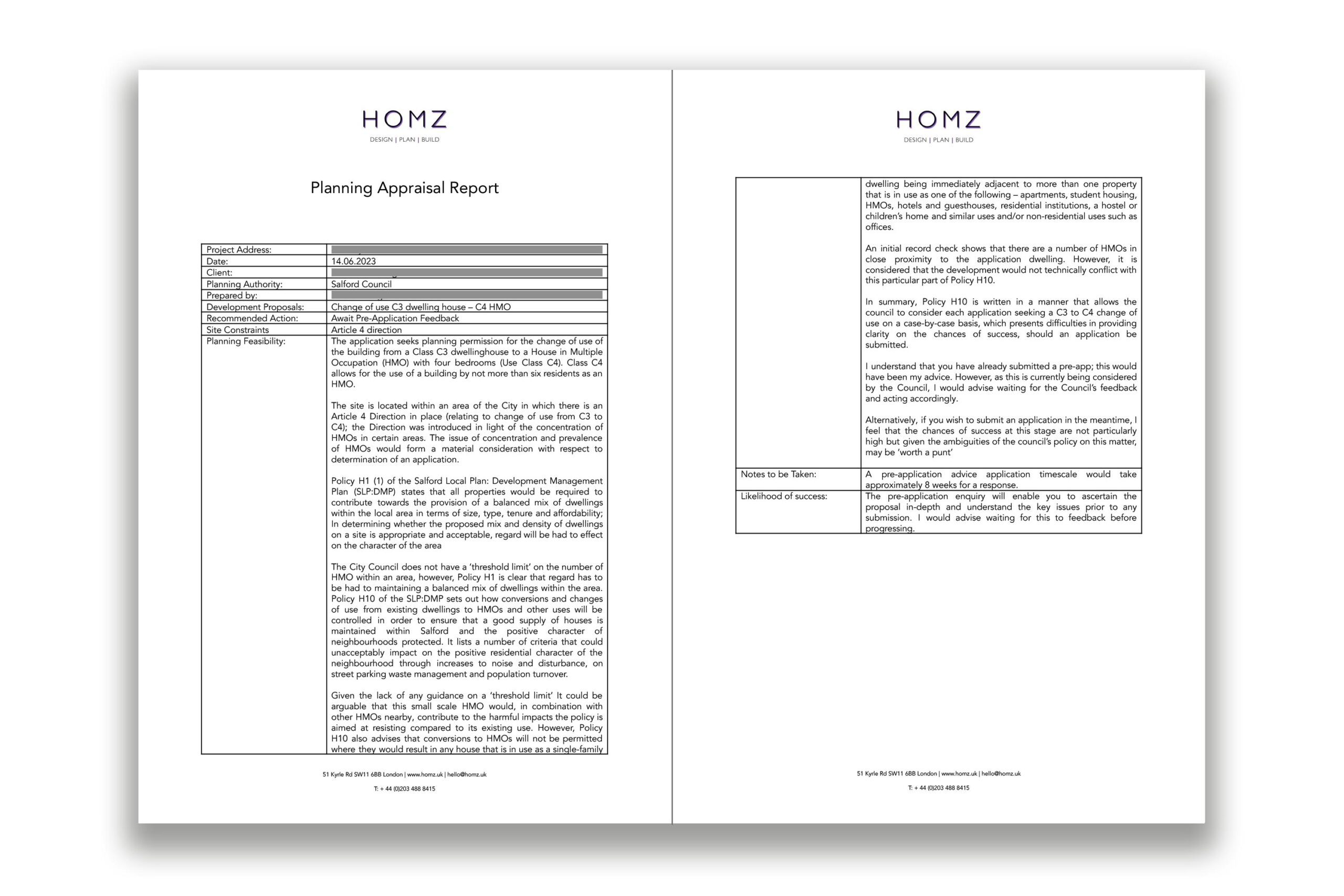 Planning Appraisal report for a change of use planning application