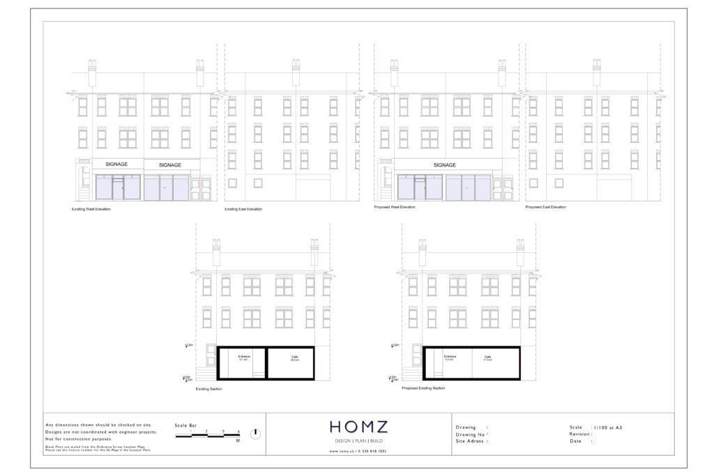 Change of Use From Cafe to Restaurant Existing and Proposed Elevations and Sections by Homz
